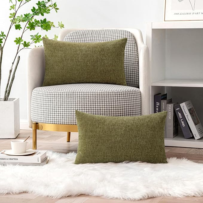 MIULEE Soft Chenille Lumbar Throw Pillow Covers Olive Green 12x20 Inch | Pack of 2, Modern Decor, Classic Decorative Pillows, Solid Dyed Cases, Boho Couch Cushion Covers for Sofa Bed Living Room