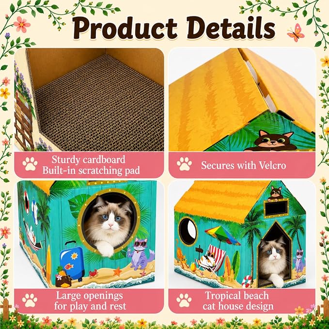 Cinrobiye Cardboard Cat House with Scratcher, Indoor Cat Condo Cat Cave Hideout with Scratch Pad, Cardboard Cat Playhouse Bed for Cats, Kittens, Rabbits & Small Pets (Beach)
