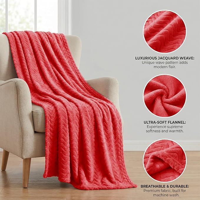 Exclusivo Mezcla Soft Fleece Throw Blanket for Couch, Cozy Lightweight Blankets with Decorative Wave Textured Suitable for All Season Use, Red, 50x70 Inches | 50"x70" Soft Breathable Lightweight Flannel Throws for Summer, Plush Cozy Jacquard Wave Blank...