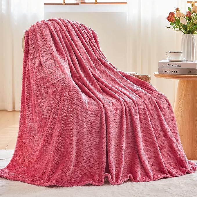 NEWCOSPLAY Fleece Leaves Pattern Throw Blanket, Coral Pink, 50"x60" | Super Soft Throw Blanket, Lightweight Cozy Bed Sofa Blanket, Premium Silky Flannel Fleece, Travel Blanket for All Season Use