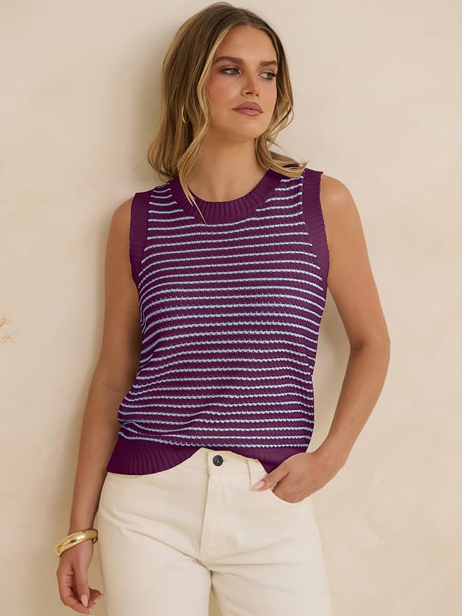 ANRABESS Womens Sleeveless Sweater Vest Striped Tank Tops | Crochet Knit Crew Neck, Lightweight Soft Comfy, Vacation Travel Work Casual Outfits, Sping Summer Layering Clothes