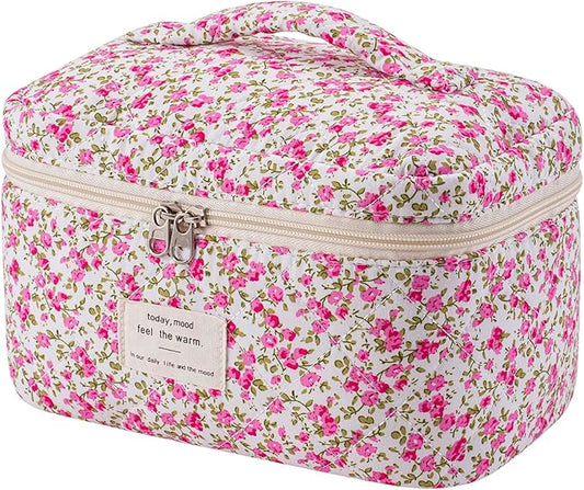 uekeboag Large Travel Quilted Makeup Bag for Women, Floral Cotton Cosmetic Bag, Coquette Aesthetic Floral Toiletry Organizer Bag