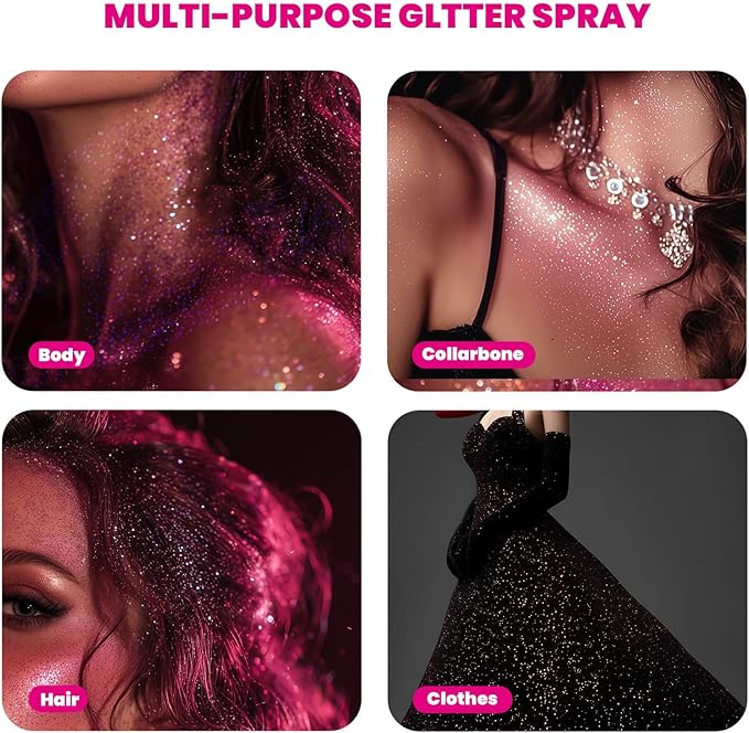 Body Glitter Spray Holographic Glitter Spray for Hair and Body, Quick-Drying Sparkle Highlighter Powder for Festival Concert Prom Rave (4.22 Fl Oz, Pink)