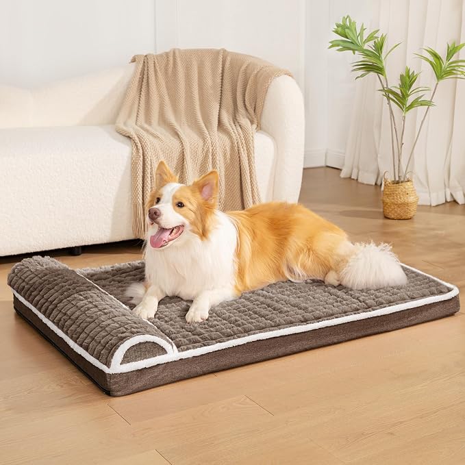 Orthopedic Large Dog Bed Pillow Pet Sofa Bed 42''X28'' Taupe | Egg-Crate Foam Pet Couch Large Sized Dog, Waterproof Removable Washable Cover,Furry Puppy Crate Mat With Nonskid Bottom