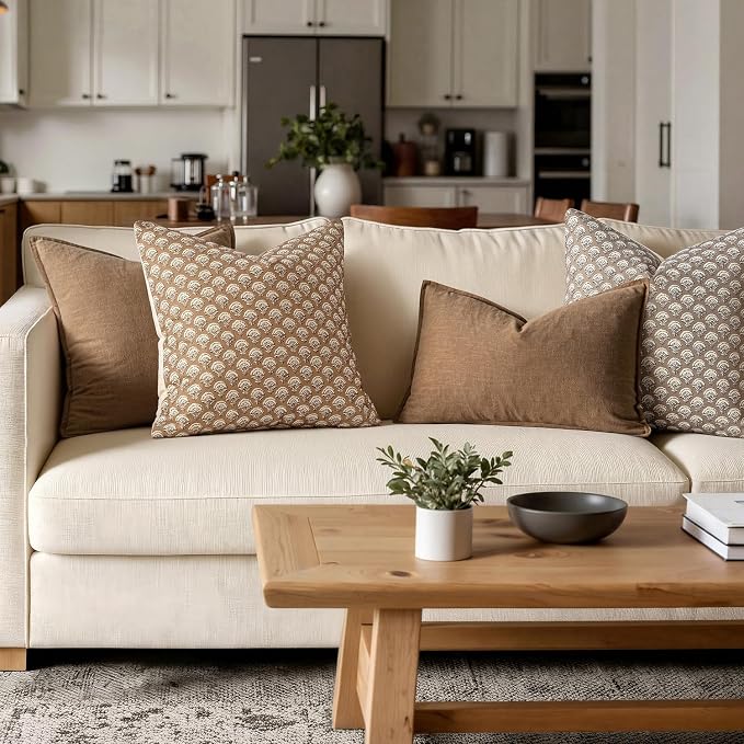 MIULEE Floral Print Decorative Pillow Covers 18x18, Cognac | Vintage Boho Farmhouse Modern Home Decor, Set of 2, Block Print Cushion Covers for Couch Sofa Bed Living Room