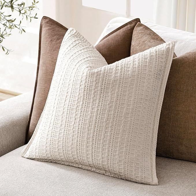 Foindtower Set of 2 Decorative Cotton Waffle Weave Throw Pillow Covers Euro Shams Cushion Covers Accent European Pillowcase for Bed Couch Sofa Bedroom Living Room Home Decor 18×18 Inch Natural Ivory