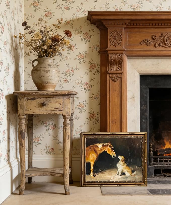 Gold Framed Wall Art Vintage Horse and Dog Wall Art Country Farmhouse Animals Wall Decor Picture Rustic Antique Gallery Aesthetic Poster Print for Bedroom Living Room 12x16in