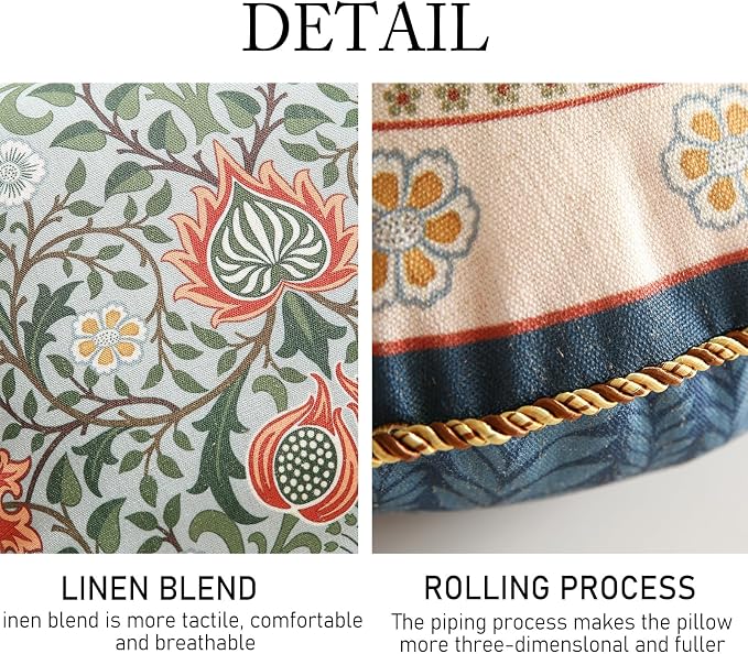 Vintage Linen Throw Pillow Cover,Set of 2,Diameter 16"-Naples B | Designer Elegant Round Pillow Cover,Concealed Zipper Design,Floral Pattern,Sofa,Bedroom,Living Room,Lounge Chairs
