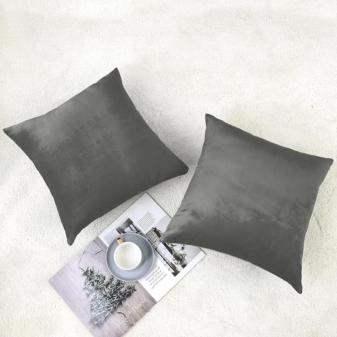 NiNi ALL Dark Grey Velvet Throw Pillow Covers 18x18 Pack of 2 Decorative | Soft Solid Boho Cushion Squar Pillow Cases for Chair Sofa Bedroom Farmhouse Living room Modern Luxury Home Decor Christmas