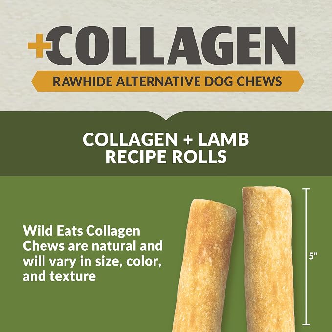 Wild Eats Lamb Collagen Cheek Rolls 5 Inch Dog Chews, 4 Pack, Medium Breed | Long lasting retriever style treats and bones, flavored substitute for pig ears, satisfying snack that keeps pups busy longer
