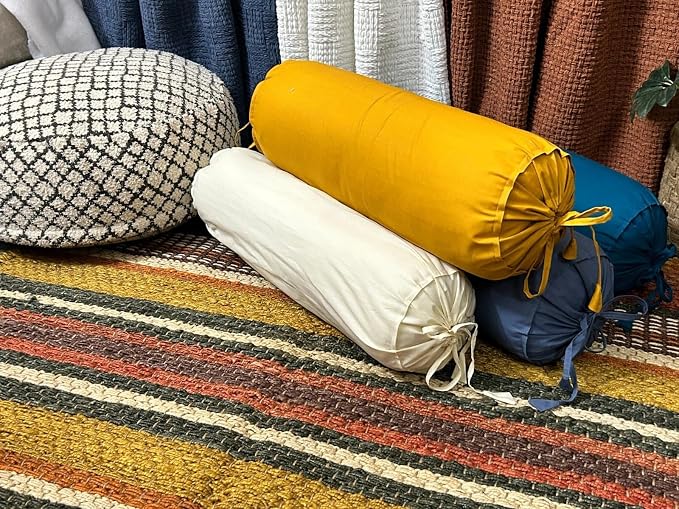 Round Pillow Cover Cervical Neck Roll Cotton Bolster Pillowcase for Cylindrical Cushion and Drawstring Closure Round Neck Pillowcase 6" x 18" (15 x 45 cm) Mustard