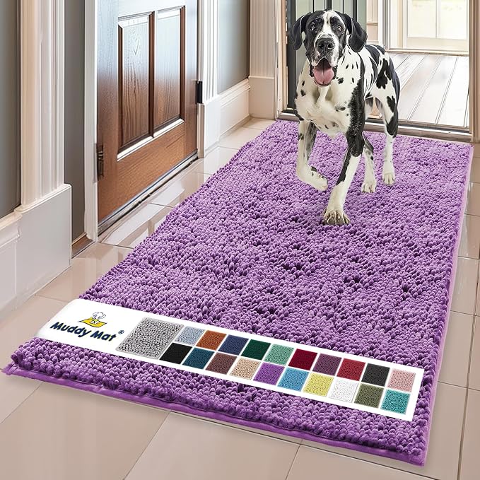 Muddy Mat® | Super Water Absorbent Door Mat Indoor, Microfiber Quick Dry Chenille Entryway Rug, Slip Resistant Front Door Mat, Indoor Mats for Entryway, Machine Washable Pet Rug, Purple 24" x 72"