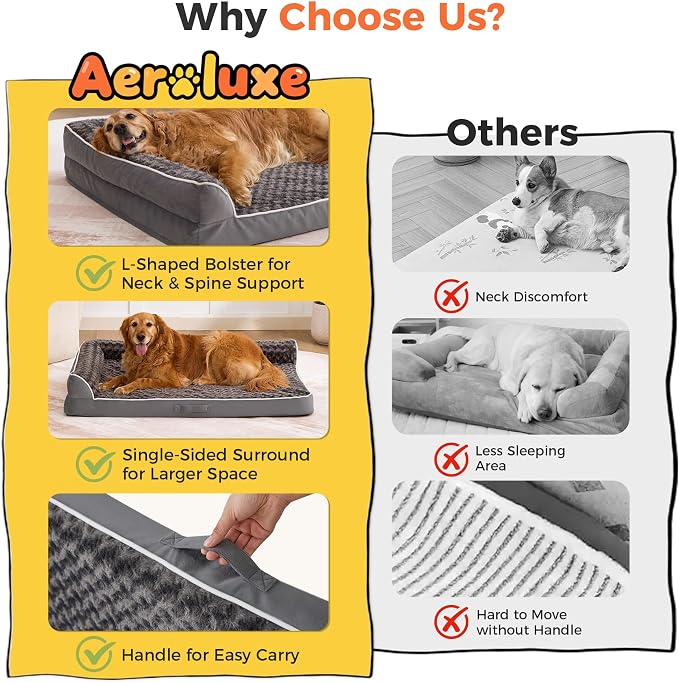 XXL Orthopedic Dog Bed, Extra Large Dogs, 48"x35", Dark Grey | Waterproof, Washable Cover, L-Shaped Pet Couch, Egg-Crate Foam for Pressure Relief, Portable Handle