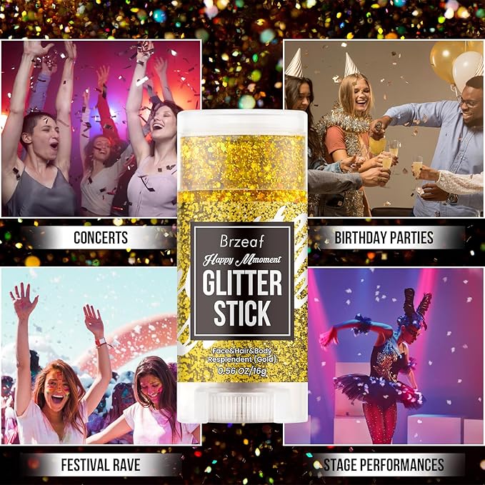 Brzeaf Waterproof Gold Glitter Stick, Face Glitter Makeup, Shimmery & Long Lasting, Chunky Glitter for Face/Body/Hair/Eyes/Lip, Singer Concert Music Christmas Rave Festival