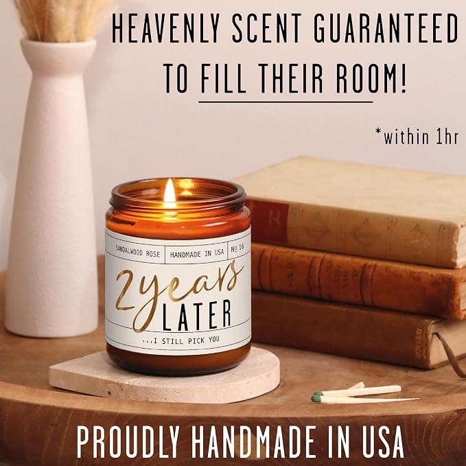 PERSONALIZED Anniversary Gifts for Girlfriend or Wife - 'Happy Anniversary' Candle, w/Sandalwood Rose I Perfect Year Anniversary Gift for Her I 50Hr Burn, USA Made