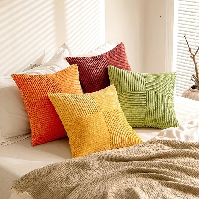 MIULEE Fall Burnt Orange Decorative Throw Pillow Covers 18x18 Inch Set of 4 Boho Color-Clash Cushion Covers Modern Farmhouse Pillow Cases Corduroy Striped Decor for Couch Sofa Bed(Terracotta,Rust)