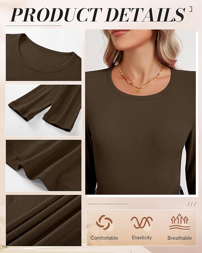 Ficerd 3 Pack Women's Ribbed Long Sleeve Tops, Crew Neck Slim Fit Undershirts Knit Basic Casual Stretch Layering Tee Shirts