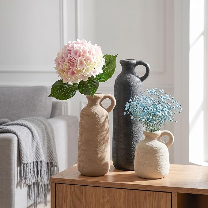Ceramic Vase Set, 3Pcs Flower Vases for Modern Boho Farmhouse Decor, Decorative Vases for Pampas Grass & Dried Flowers, Distressed Finish