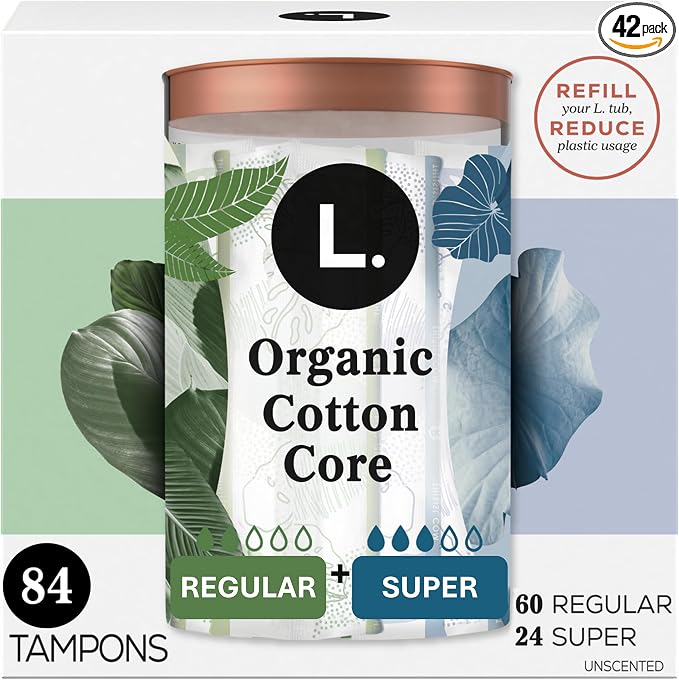 L. Cotton Tampons Regular/Super Absorbency Multipack, Free from Chlorine Bleaching, Pesticides, Fragrances, or Dyes, 42 Count x 2 Packs (84 Count Total)