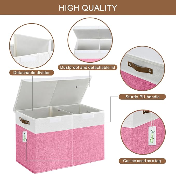 Large Toy Storage Box with Lids, Collapsible Sturdy Baby Storage Organizer Chest Bin Basket for Kids, Boys, Girls, Playroom, Nursery, Bedroom, Closet 25"x13"x16" (Pink and White)