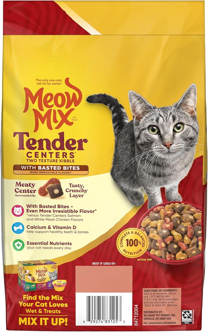 Meow Mix Tender Centers, Dry Cat Food, Beef & Salmon Flavors, 4 Bags | 3-lb bags, two texture kibble, meaty center surrounded by a crunchy outer layer, basted bites for irresistible flavor