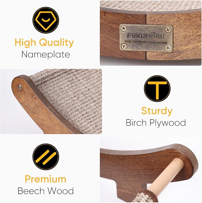 FUKUMARU Extra Large Sisal Cat Scratcher Bed Indoor Sturdy Wood Scratch Bed | 27.4 Inch Large Cat Scratching Bed Scratch Pad, 100% Natural Sisal Cat Hammock, Solid Wood Frame Lounger Chair Sofa