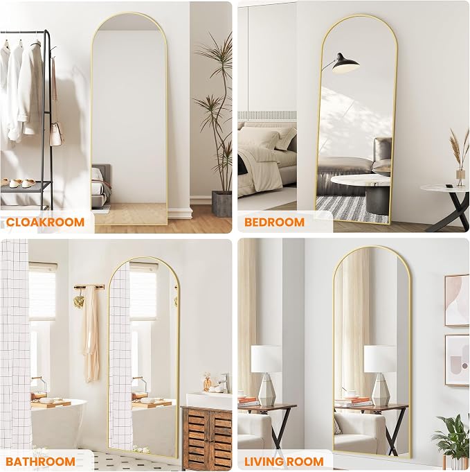 Arched Full Length Mirror, 70"x24" Standing Body Mirror for Wall, Gold | Built-in Stand, HD Shatterproof Glass, Aluminum Alloy Frame, Hanging or Standing, for Bedroom, Living Room & Dressing Room