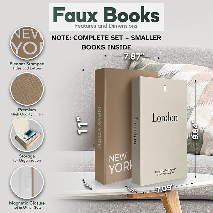 Faux Book Storage Box Set – Decorative Faux Books with Hidden Storage for Coffee Table Decor, Bookshelf or Mantle – Linen Decorative Boxes (Set of 2) – Aesthetic Book Decor for Home