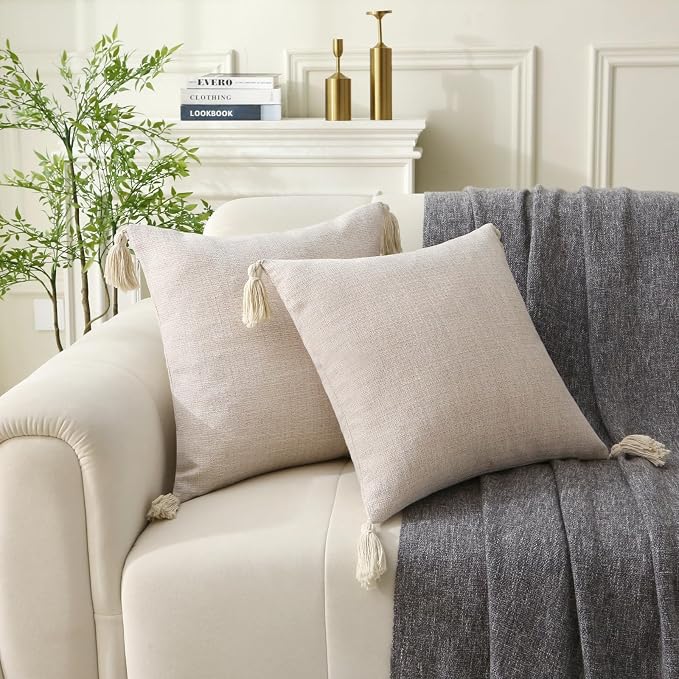 Decorative Throw Pillow with Tassels, 18x18 Farmhouse Pillows with Inserts, Square Boho Pillow for Couch, Patio, Bed, Sofa Decor (Light Beige, 18" x 18"(Pack of 2))