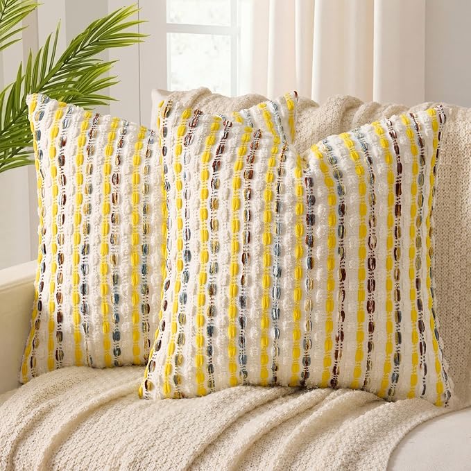 ANRODUO Boho Decorative Pillow Covers Yellow Cream 18x18 Inch Set of 2 | Chenille Tufted Pillow Covers, Woven Throw Pillow Covers with Raised Stripes, Neutral Pillowcase for Couch Sofa Living Room