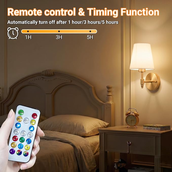 Nekhung Battery Operated Wall Sconce, Peel and Stick Sconces Set of 2 | Wireless Adhesive Stick On Wall Sconce, 10000mAh Rechargeable RGB Bulb with Remote, No Drill Wall Light for Bedroom Decor