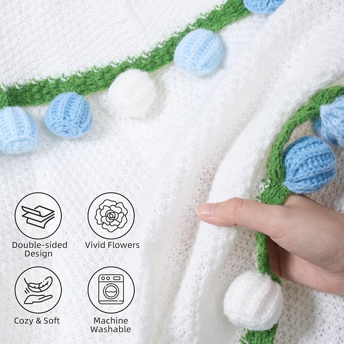 Ivydale Crochet Flower Bouquet Throw Blanket with Blue Rose