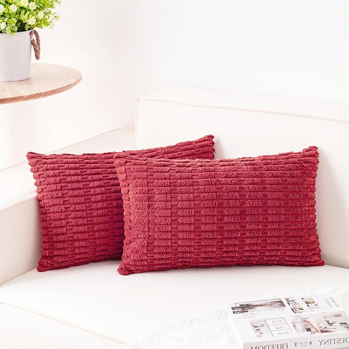 Pack of 2 Corduroy Decorative Throw Pillow Covers 12x20 Inch, Cranberry Red | Fall Soft Striped Pillow Covers Modern Farmhouse Home Decor Christmas Throw Pillow Covers for Sofa Living Room Couch Bed
