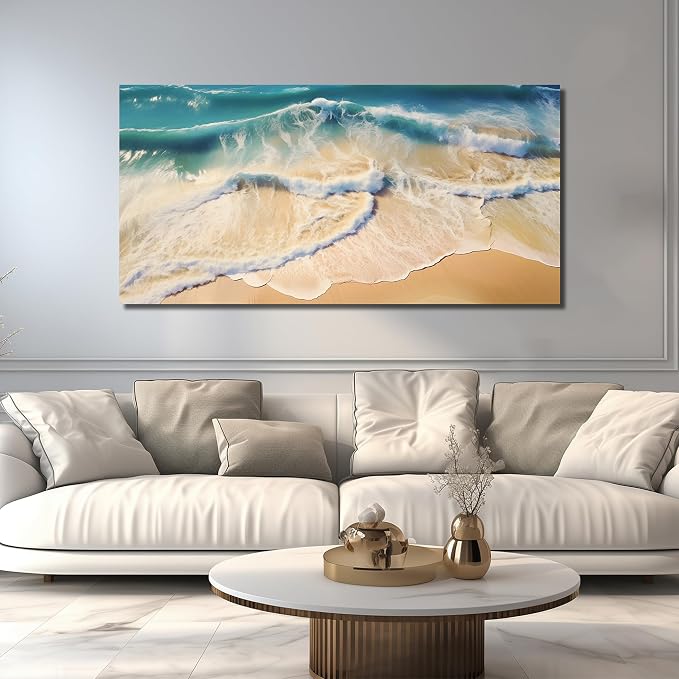DNIEOTU Large Beach Wall Art for Living Room, Ocean Waves Canvas Wall-Decor for Bedroom, Landscape Picture Prints for Hallway Office, Size 59 x 29 Inches