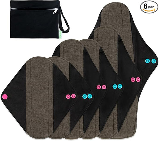 wegreeco Charcoal Reusable Menstrual Pads - Reusable Sanitary Pads | Panty Liners | Soft Cloth Menstrual - 6 Pack with 1 Cloth Mini Wet Bag (Starter Kit Set, Mix Size, Black)