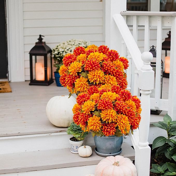 4 Bundles Large Artificial Fall Flowers Faux Mums for Outdoor Planters | Silk Fake Chrysanthemums Bouquet for Home Vase Outside Front Porch Table Floral Arrangement Wedding Autumn Decor