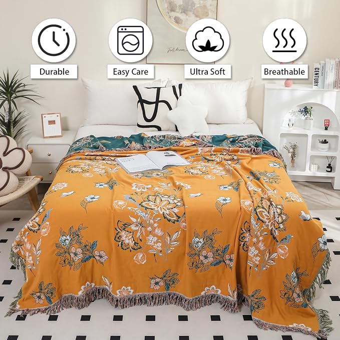 VANJOROY Boho Throw Blanket, 100% Organic Cotton Breathable Skin-Friendly Ultra Soft 50" x 60" Bed Yellow Throw - Floral Rustic Decor Luxury Reversible Blanket for Sofa Couch Chair and Gift,