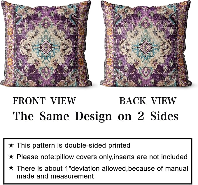 Snycler Boho Throw Pillow Covers 26x26 inch Set of 2 Boho Rug Carpet Double Sided Pattern Cotton Soft Pillow Case Cushion Cover Pillowcase for Couch Sofa Bed Decorative (Purple)