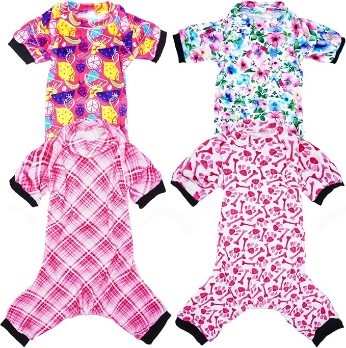 PET SHOW 4 Pack Girl Fleece Dog Pajamas Warm for Extra Small Doggies | Soft stretchy dogs onesies,female pink pjs with sleeve,holiday jumpsuit costume for small pets cats,XS
