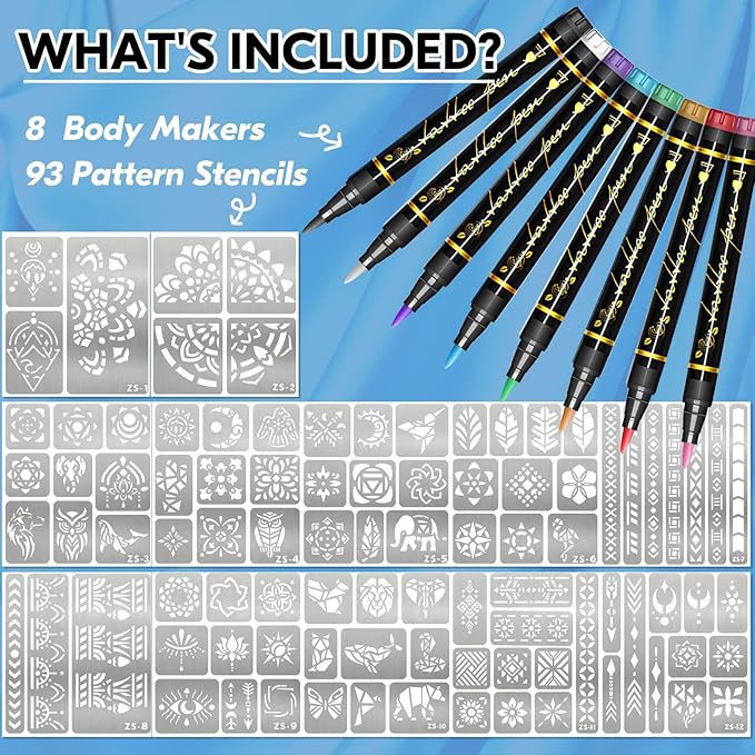 Temporary Tattoo Markers for Skin, 8 Temporary Tattoo Markers + 94 Geometry Tattoo Stencils for Kids Teens, Flexible Brush Tip & Bright Colors Body Marker and Fake Tattoo Stencil Set for Party Favor