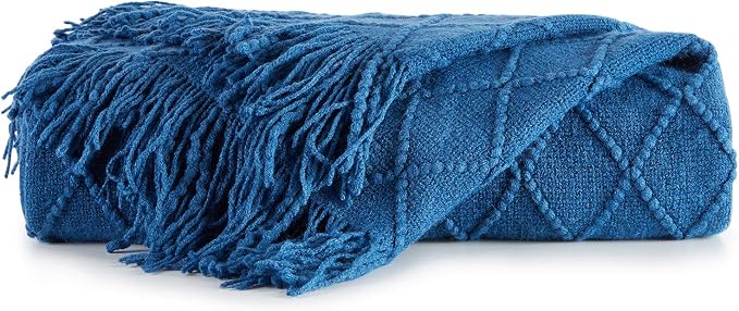 BOURINA Royal Blue Throw Blanket 60x80Inch Knitted Soft Throw Sofa Blanket | Knitted Throw Blanket 60x80 Inches, Soft Lightweight Boho Weave Throw Decorative Couch Blanket for Living Room Bedroom Chair
