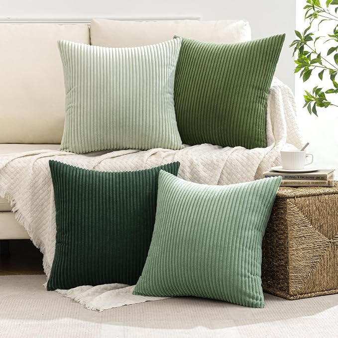 MIULEE Soft Corduroy Decorative Throw Pillow Covers Forest Green 18x18 | Set of 4, Mordern Nordic Home Decor, Gradient Color Matching, Boho Farmhouse Cushion Covers for Couch Bed Sofa Living Room