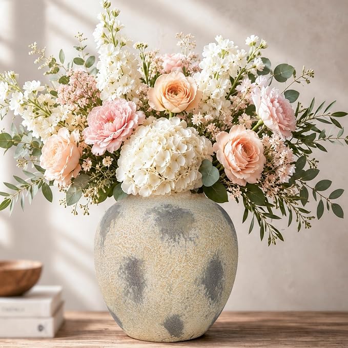 Cream Ceramic Flower Vase Speckled Bubble Glaze Home Decor | 6.29 Inch Rustic Table Vase,Decorative Ornament for Living Room,Office,Wedding,Birthday