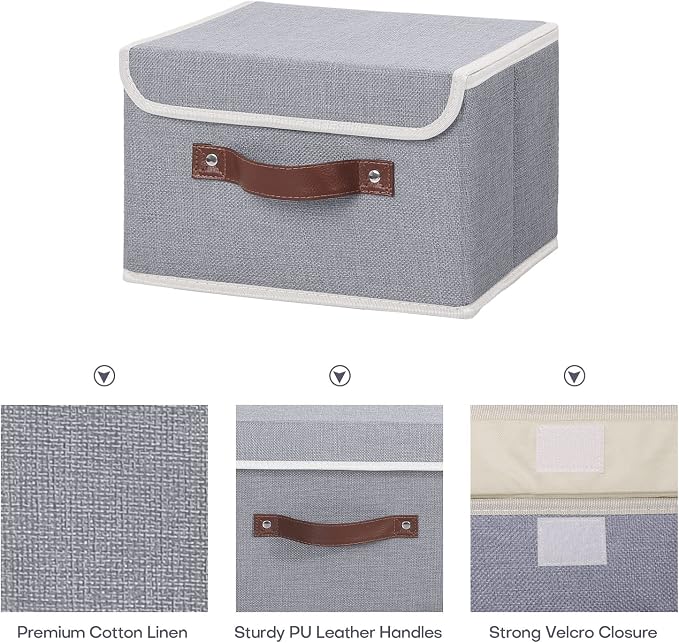 ANMINY Fabric Storage Box Bins with Lids, Gray, 10"x8"x7", 4 Pack | Keepsake Memory Storage, Cotton Linen, PP Board Reinforced, Washable, PU Handles, Foldable & Stackable, Decorative, Small