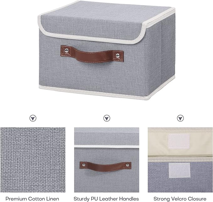ANMINY Fabric Storage Box Bins with Lids, Gray, 10"x8"x7", 2 Pack | Keepsake Memory Storage, Cotton Linen, PP Board Reinforced, Washable, PU Handles, Foldable & Stackable, Decorative, Small
