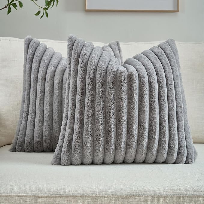 FUTEI Pack of 2 Faux Fur Throw Pillow Covers 22x22 Inch, Grey | Fluffy Faux Rabbit Fur Front/Premium Velvet Back,Hidden Zipper,Machine Washable,Non-Shedding,Colorfast,Insert Not Included.