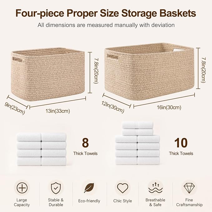 OIAHOMY 4 Pack Storage Baskets for Organizing, Cube Storage Bins for Shelves, Rectangle Storage Baskets With Handles, Woven Baskets for Storage, 12.7''Lx9''Wx7.8''H, Black