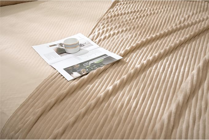 Vessia Flannel Fleece Twin Blanket for Couch,Sofa,Bed, 300GSM Striped 60x80inch Camel Blanket for Adults and Kids, Super Soft Warm Cozy Lightweight Ribbed Brown Throw for All-Season