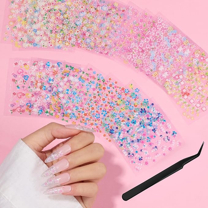 Beetles Nail Art Stickers 30 Sheets 3D Flower Nail Stickers Heart Nails Design Supplies DIY Decals for Decoration Nails Art for Women Girls