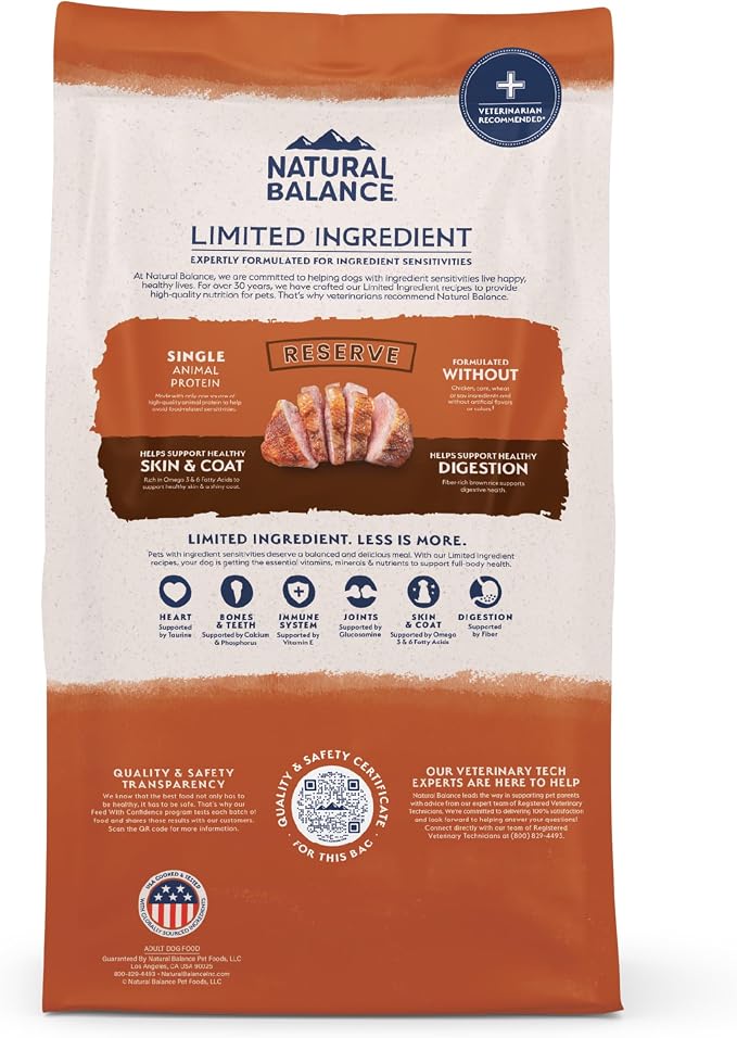 Natural Balance Limited Ingredient Dry Dog Food - Complete Nutrition for Adult Dogs - Wholesome Grains Brown Rice Recipe - Limited Ingredient Formula - 4 lb - Reserve Duck & Brown Rice